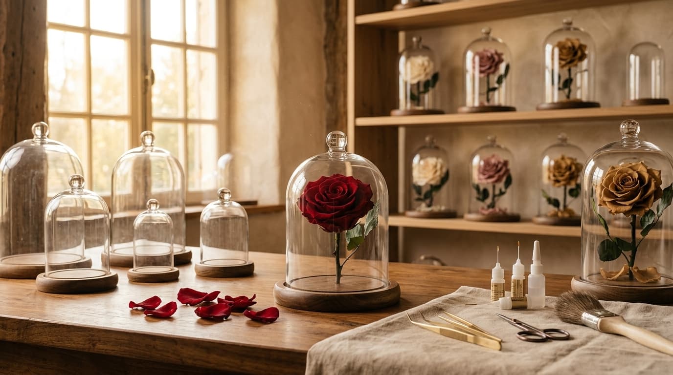 Мастерская Forever-Rose: стабилизированная роза под стеклянным куполом на верстаке, на полках ряды роз в колбах
