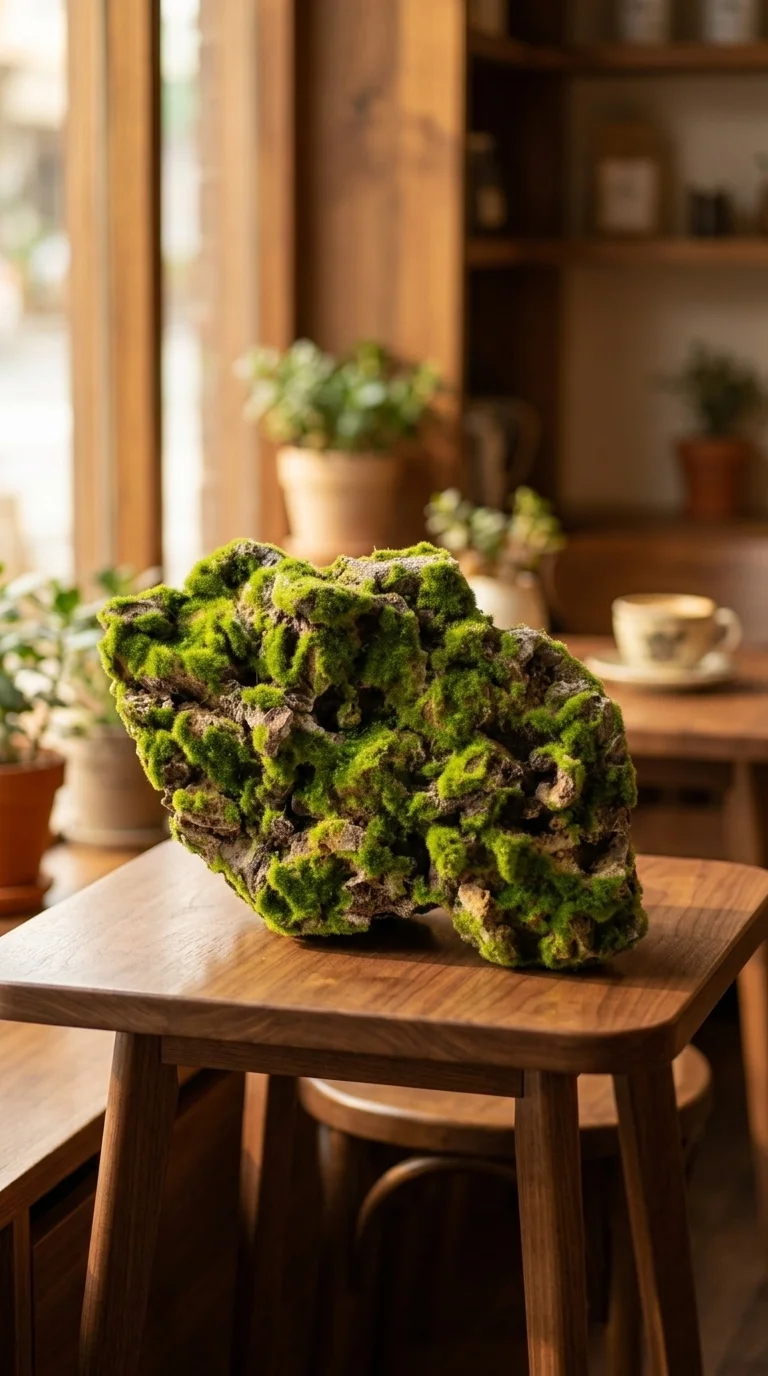 Камень с мхом 52×32 см — фактурная имитация скалы, зелёный мох, серо-коричневый камень, 32 см — в интерьере кафе