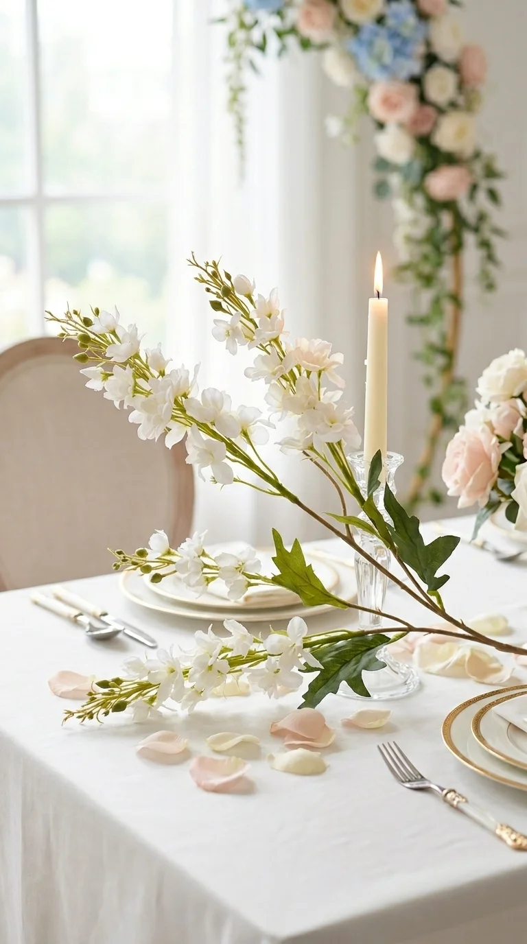 Дельфиниум искусственный белый — 78 см, 2 ветки, классика флористики, белый, молочно-белый, 78 см — в свадебной декорации