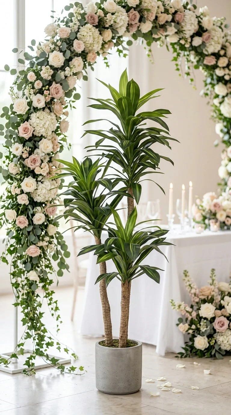 Драцена душистая искусственная, 185 см, трёхъярусная, тёмно-зелёный с светлой центральной полосой, 185 см — в свадебной декорации