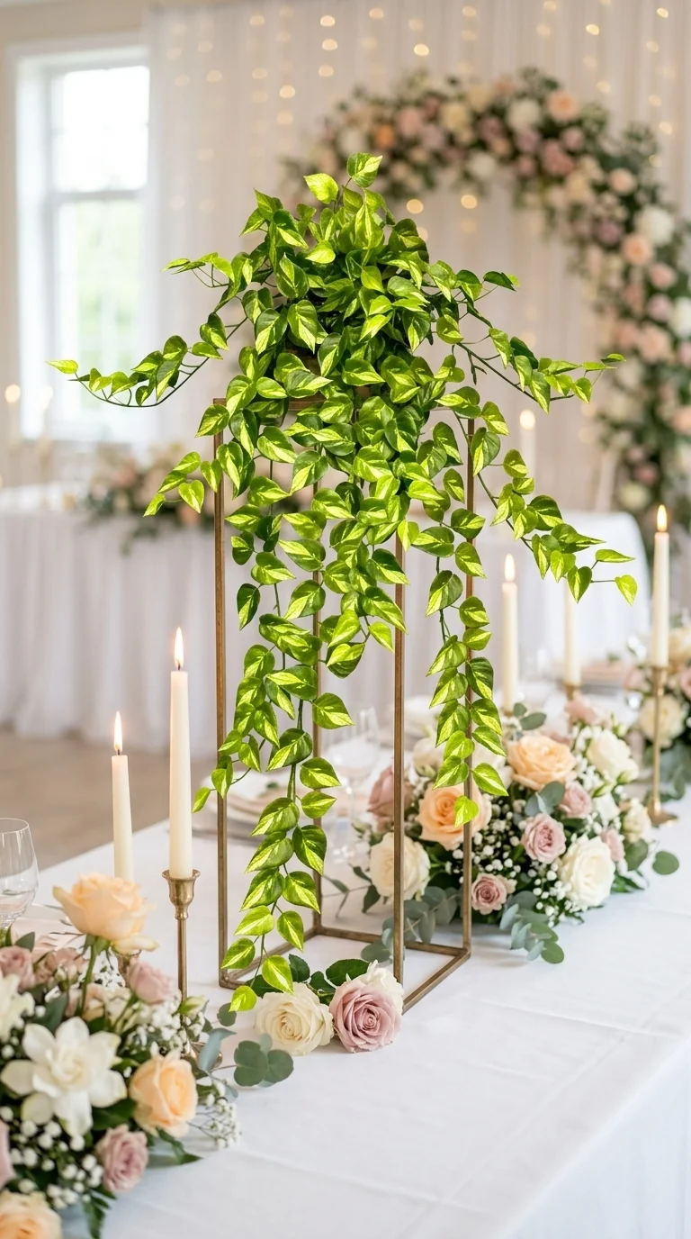Эпипремнум Marble Queen — 16 побегов, 110 см, мраморная вариегатная листва, тёмно-зелёный с кремово-лимонными мраморными штрихами (вариегатный), 110 см — в свадебной декорации