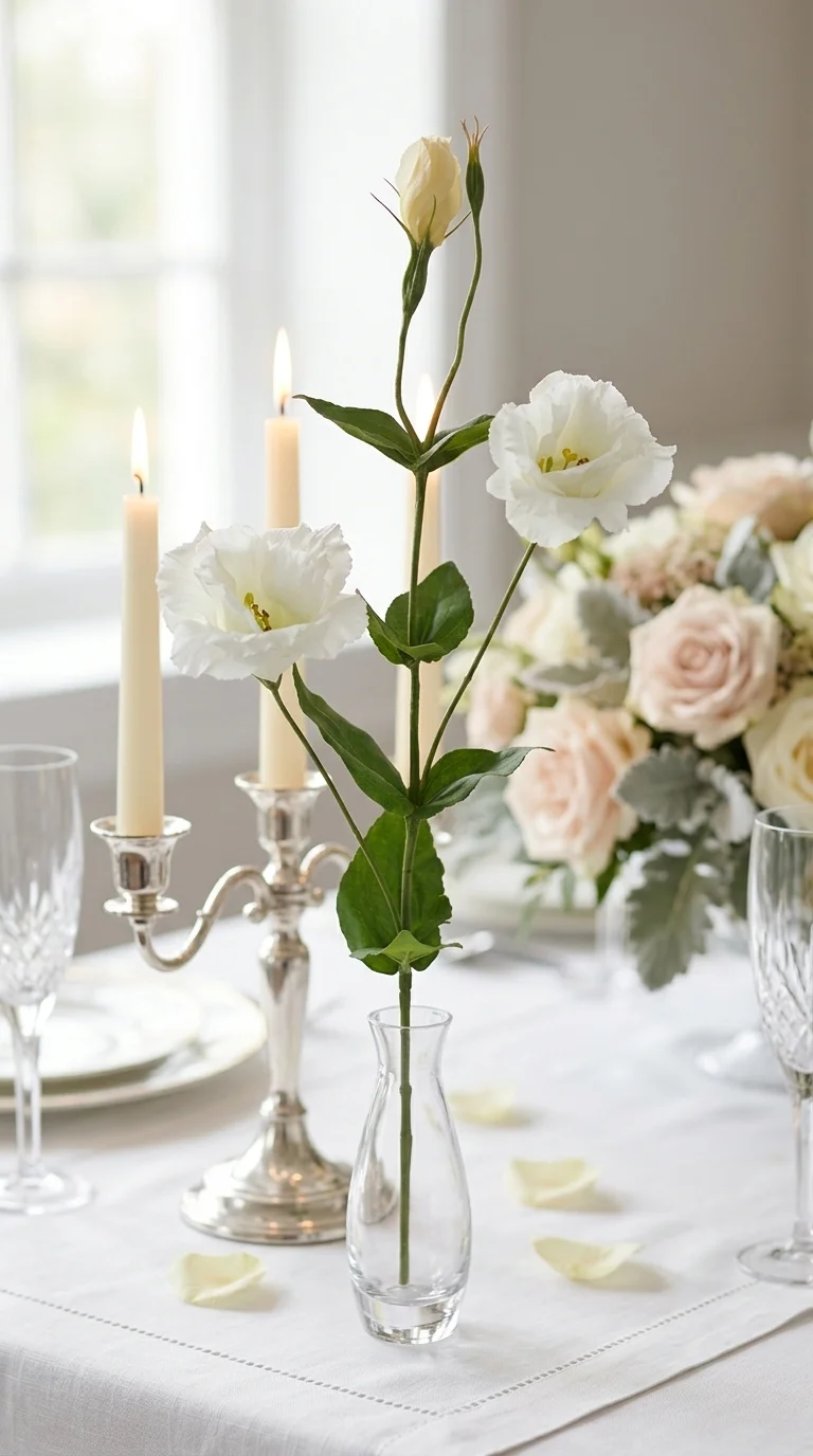 Эустома искусственная кремово-белая — ветка 82 см, 2 цветка и бутон, кремово-белый, молочный, 82 см — в свадебной декорации