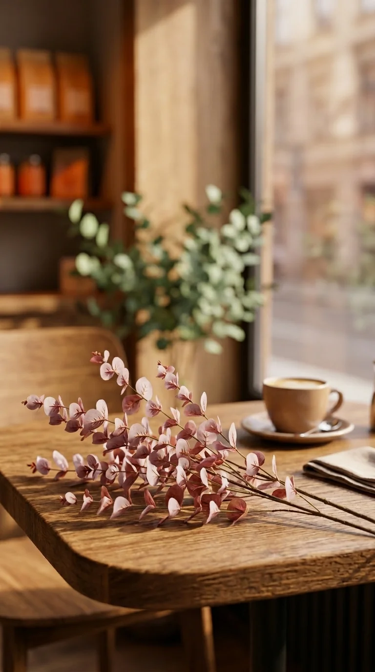 Эвкалипт пятиствольный розово-красный — rose gold ветка 75 см, красно-розовый rose-gold с винно-бордовыми и рыжими переливами, 75 см — в интерьере кафе