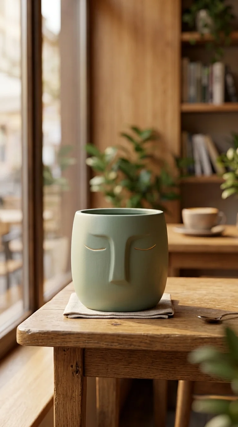 Кашпо керамическое с лицом шалфейно-зелёное — face planter, шалфейно-зелёный, sage green, 14 см — в интерьере кафе