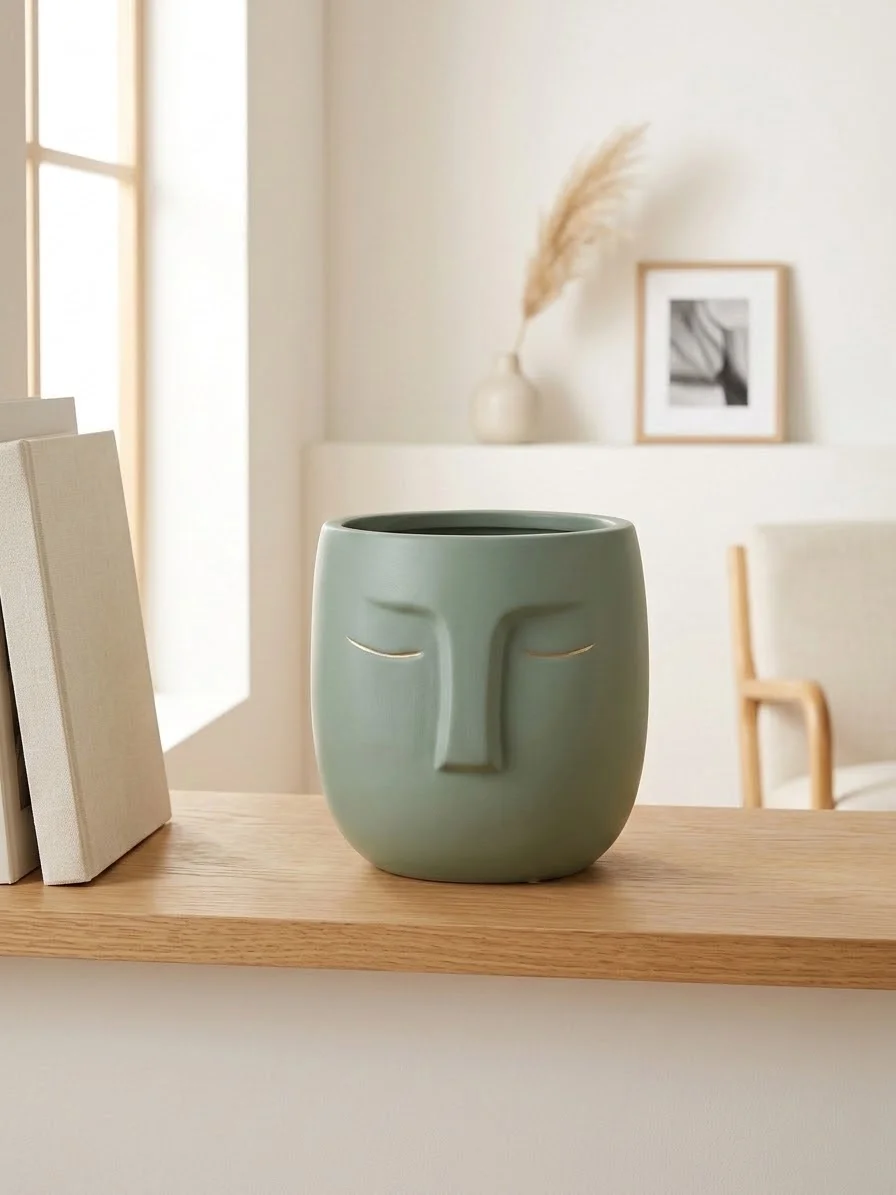 Кашпо керамическое с лицом шалфейно-зелёное — face planter, шалфейно-зелёный, sage green, 14 см — в интерьере жилого пространства