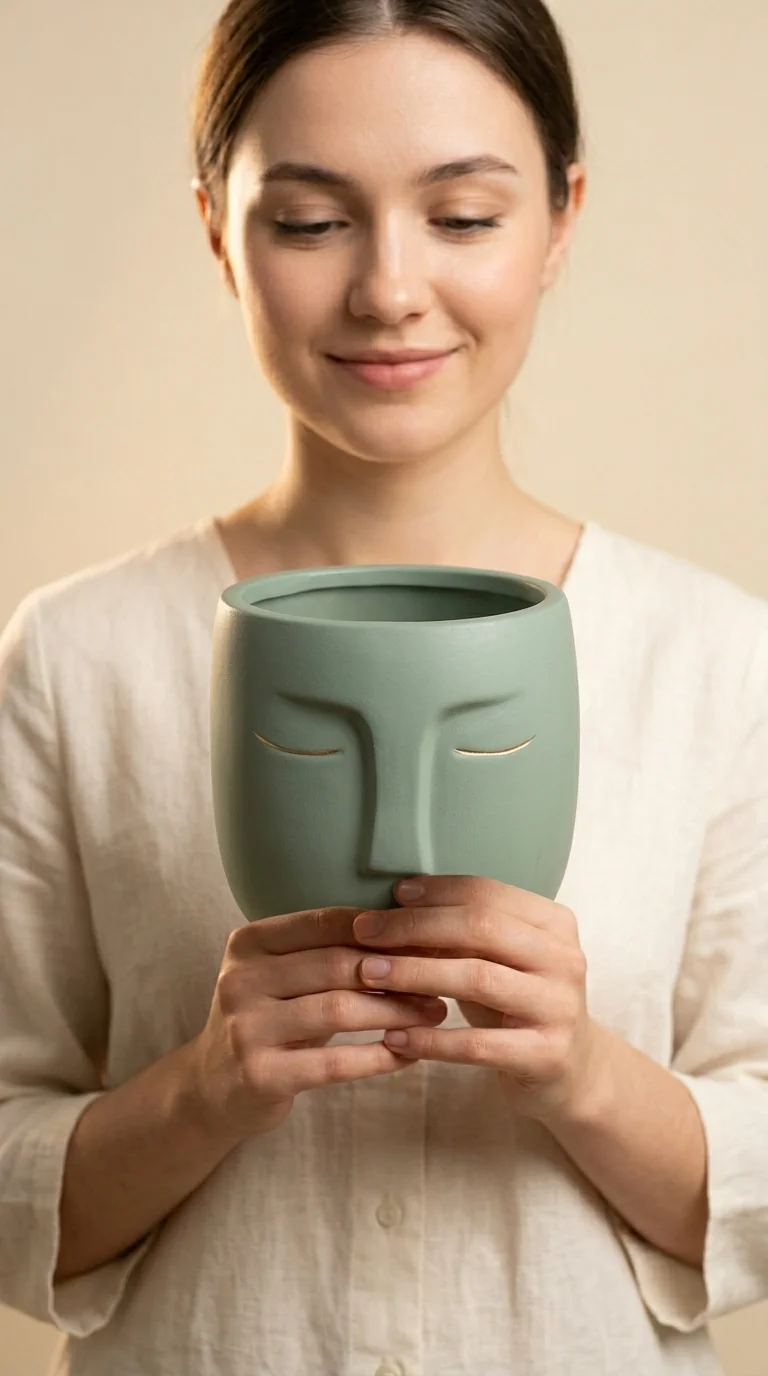 Кашпо керамическое с лицом шалфейно-зелёное — face planter, шалфейно-зелёный, sage green, 14 см — улучшенный вариант