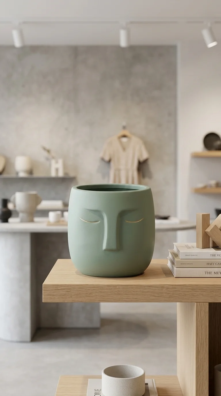 Кашпо керамическое с лицом шалфейно-зелёное — face planter, шалфейно-зелёный, sage green, 14 см — на витрине магазина
