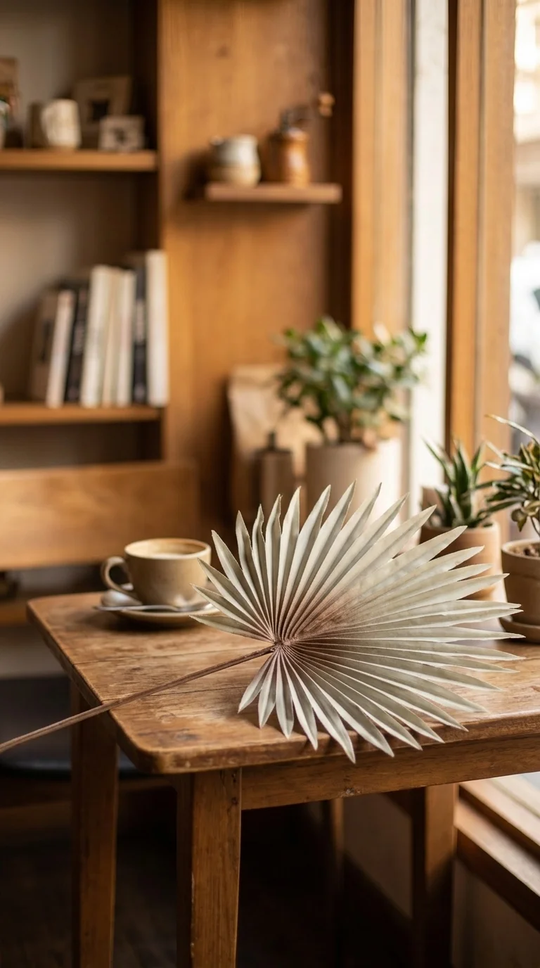 Мини-веер «sun-fan palm» — белёный с состаренным коричневым центром, белёный с винтажным коричневым центром, 30 см — в интерьере кафе