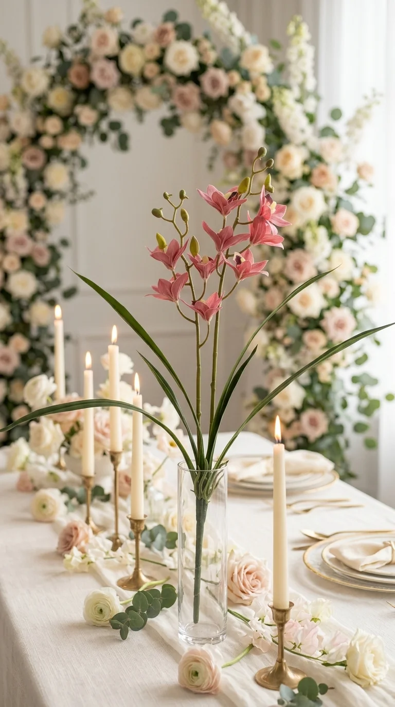 Орхидея цимбидиум искусственная розово-коралловая — два стебля с листьями, розово-коралловый, пыльно-розовый, 80 см — в свадебной декорации