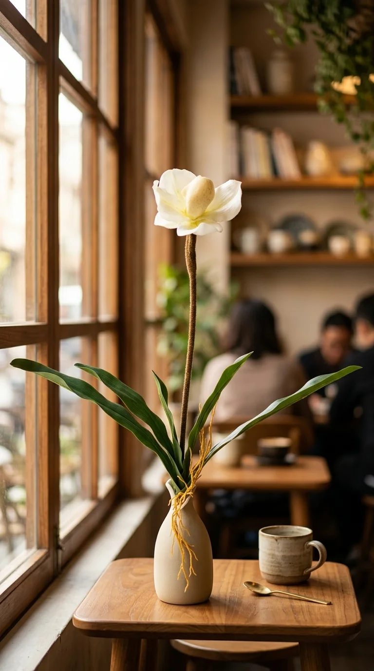 Орхидея искусственная белая — туфелька (Paphiopedilum) с листьями и корнями, белый, кремово-жёлтый центр, 50 см — в интерьере кафе