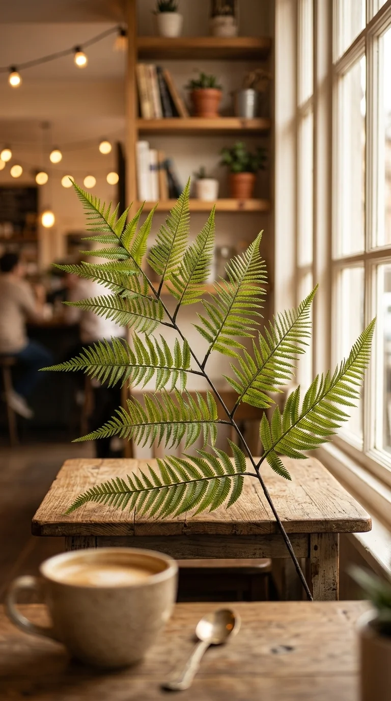 Древовидный папоротник Cyathea — одна крупная плоская вайя на длинной ножке, тёмно-зелёный с матовым покрытием, чёрно-коричневый стебель, 80 см — в интерьере кафе