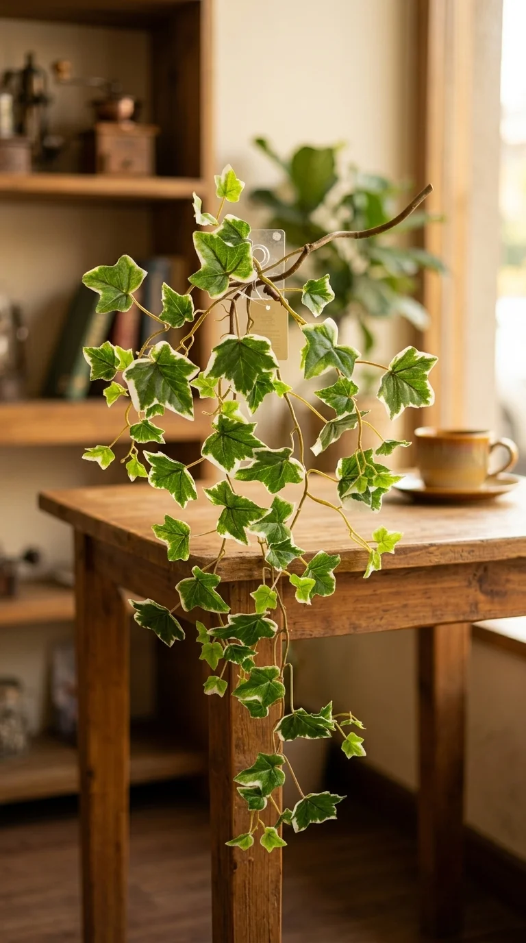Плющ виноградолистный с белой каймой — длинная лиана 80 см на натуральном стебле, тёмно-зелёный с чистой белой каймой (вариегатный), 80 см — в интерьере кафе