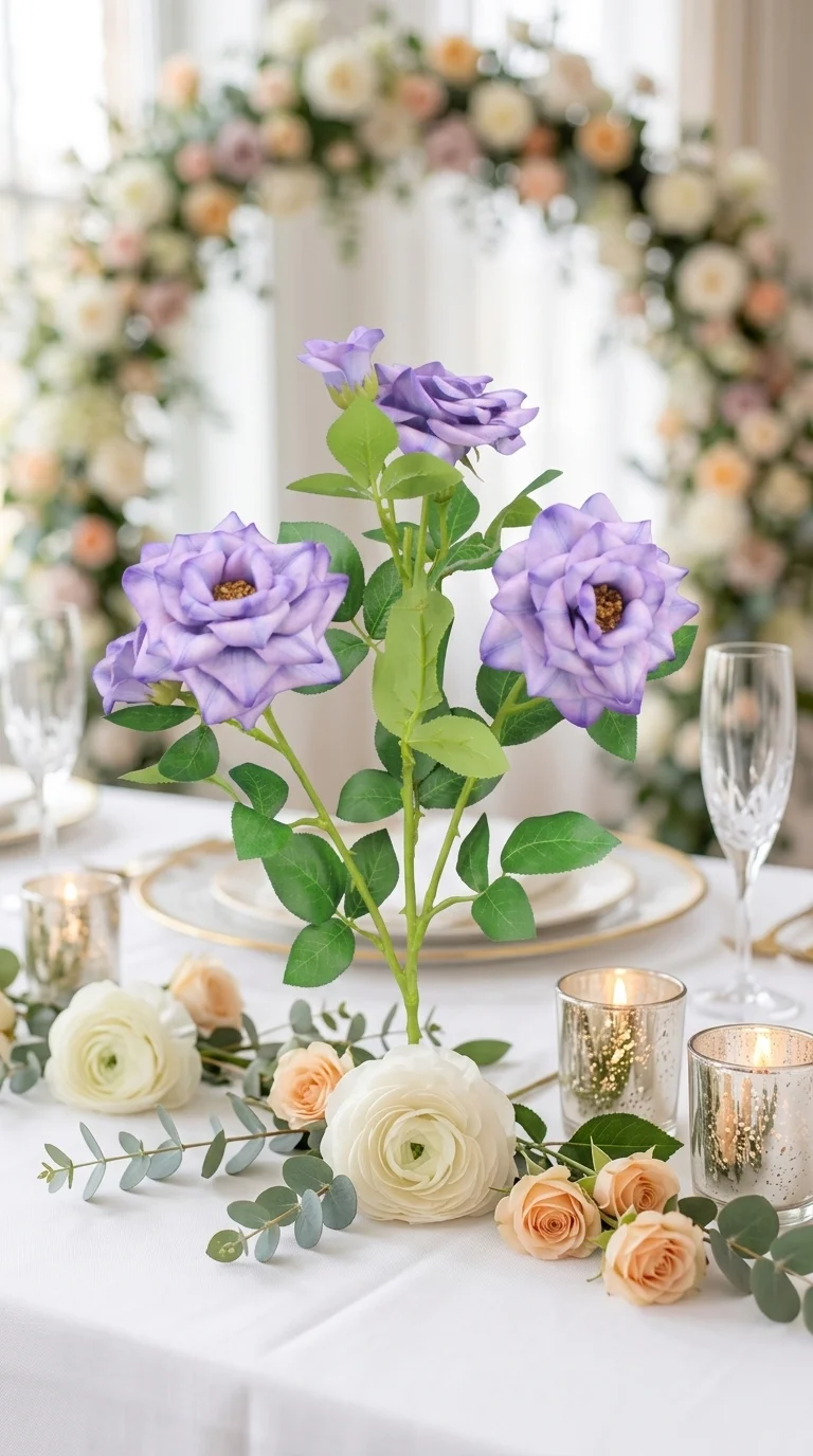 Роза искусственная 3D сиренево-лавандовая — три цветка и бутон, 80 см, сиреневый, лавандовый, светло-фиолетовый, 80 см — в свадебной декорации
