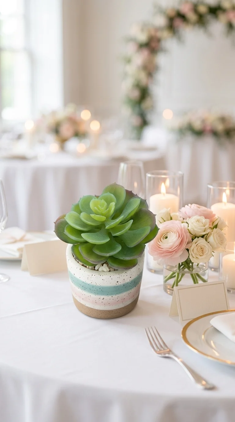 Суккулент искусственный зелёный с зубчатыми краями — новый бао-лотос, арт. 2733, насыщенный зелёный с лаймовым центром, 13 см — в свадебной декорации