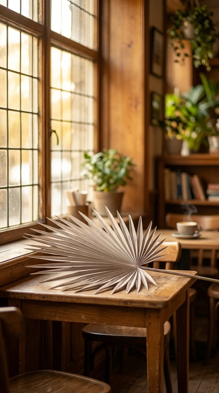 Веерный лист «sun-fan palm» — taupe песочно-серый, taupe — песочно-серый с тёплым оливковым подтоном, 50 см — в интерьере кафе