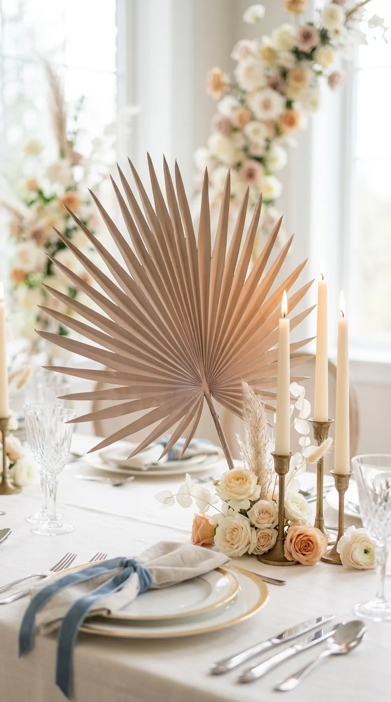 Веерный лист «sun-fan palm» — taupe песочно-серый, taupe — песочно-серый с тёплым оливковым подтоном, 50 см — в свадебной декорации