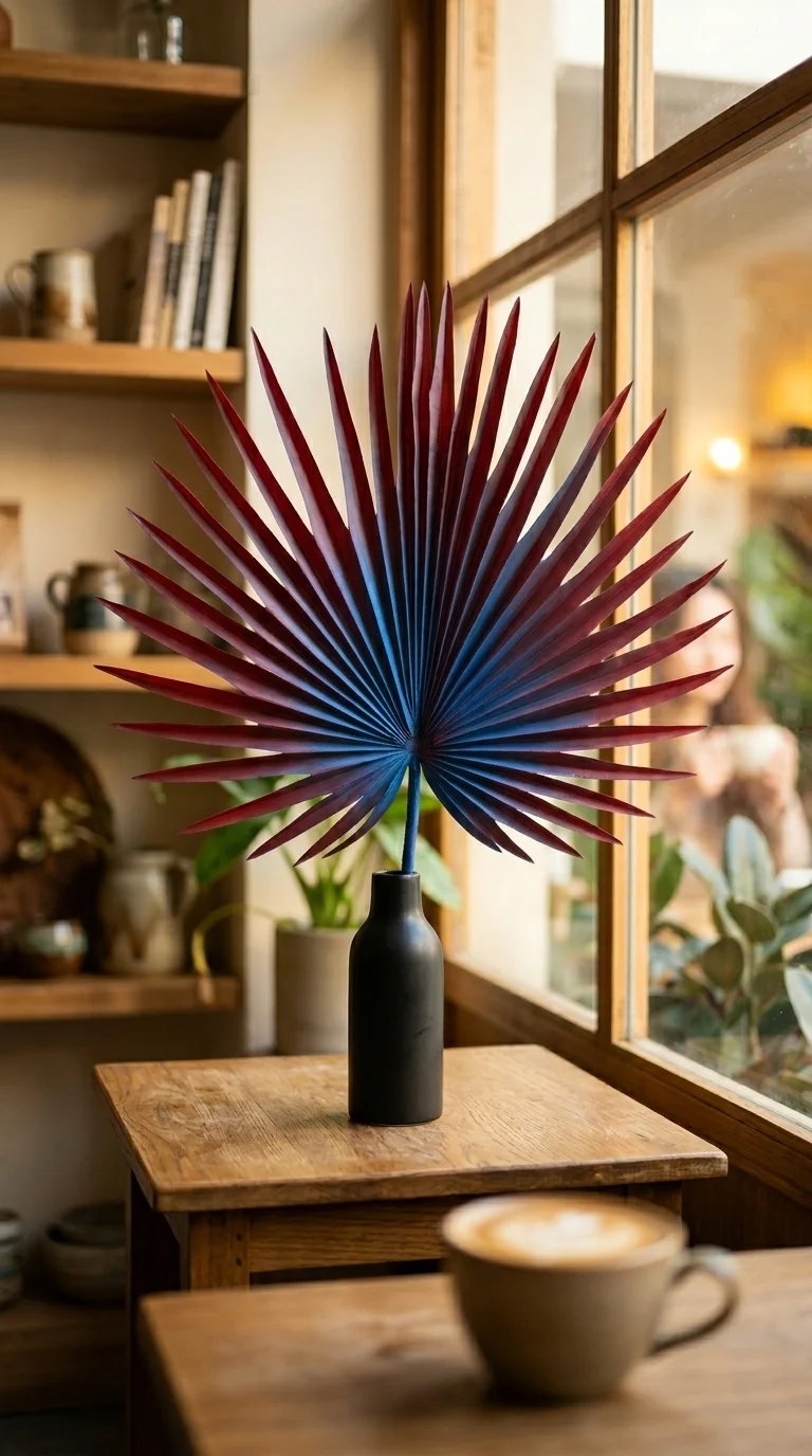 Веерный лист «sun-fan palm» — приглушённо-красный burnt red, приглушённо-красный с дымчатыми пыльно-розовыми переходами, 50 см — в интерьере кафе
