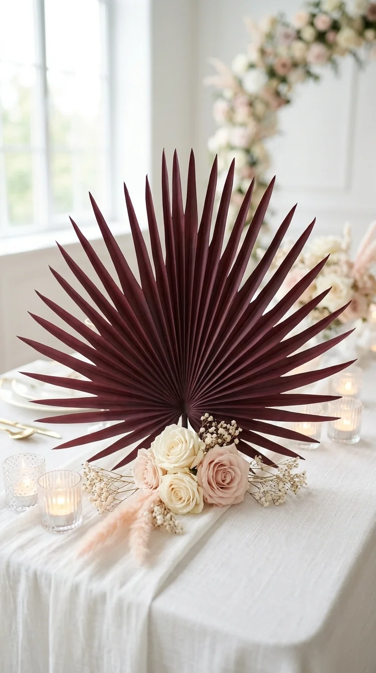 Веерный лист «sun-fan palm» — приглушённо-красный burnt red, приглушённо-красный с дымчатыми пыльно-розовыми переходами, 50 см — в свадебной декорации
