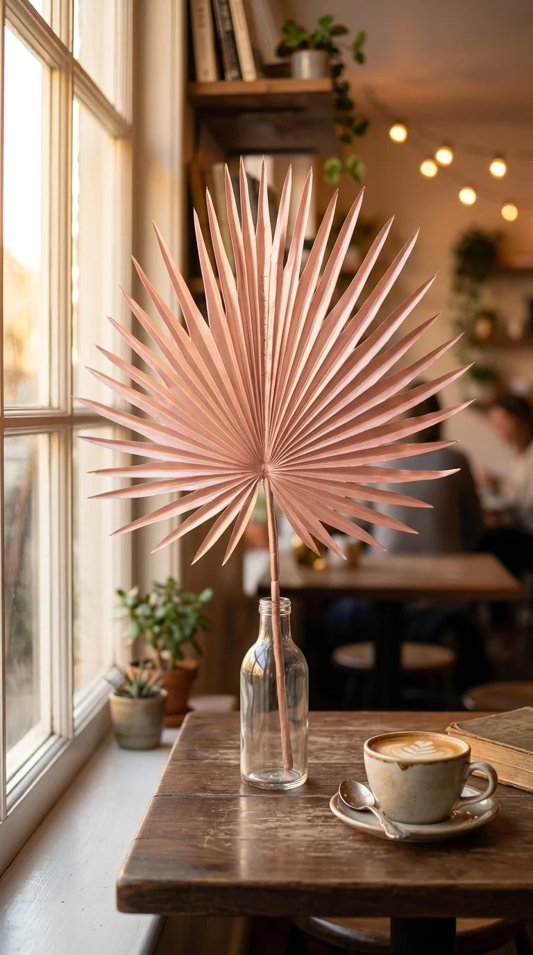 Веерный лист «sun-fan palm» — розовое золото, декоративный, розовое золото (rose gold) с перламутровым отблеском, 50 см — в интерьере кафе