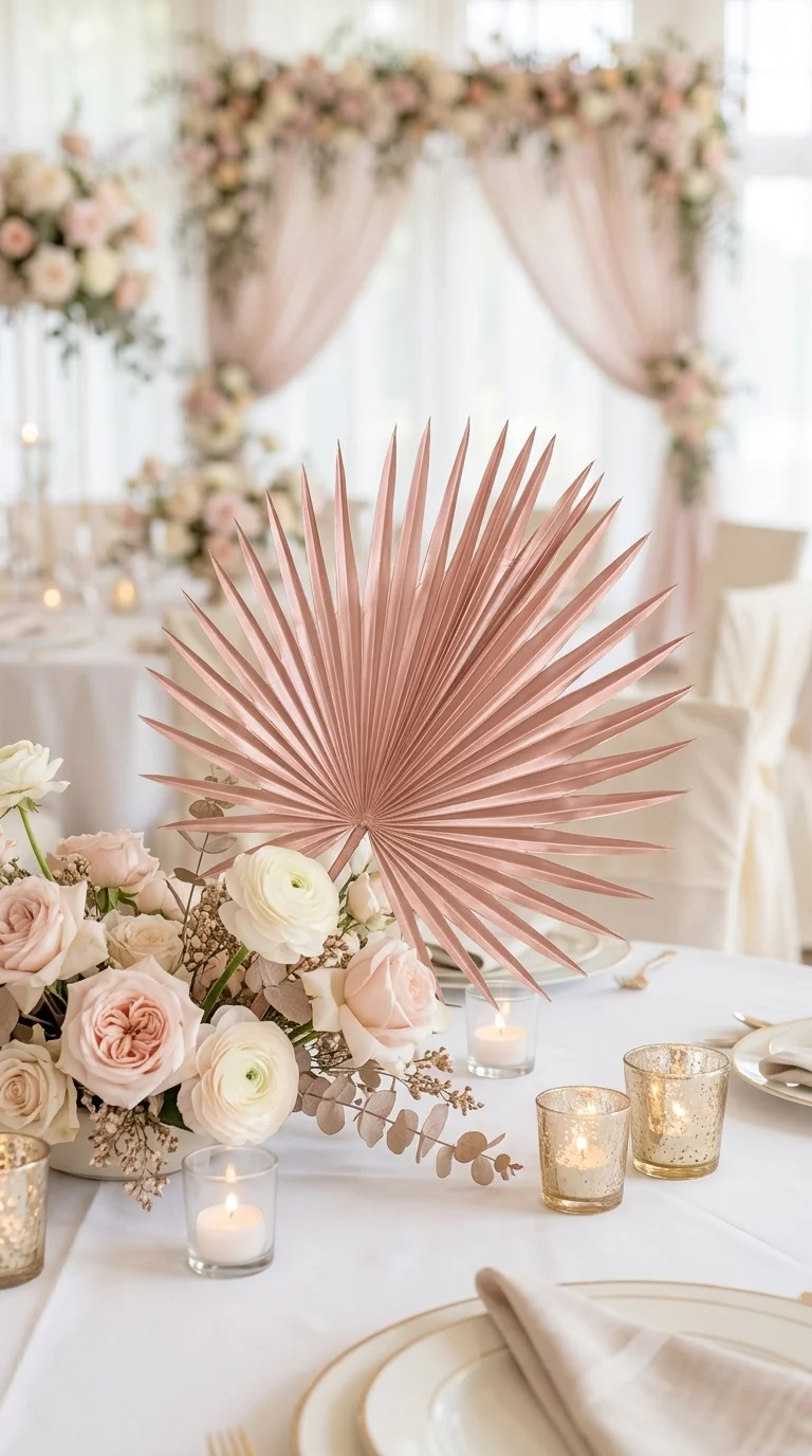 Веерный лист «sun-fan palm» — розовое золото, декоративный, розовое золото (rose gold) с перламутровым отблеском, 50 см — в свадебной декорации