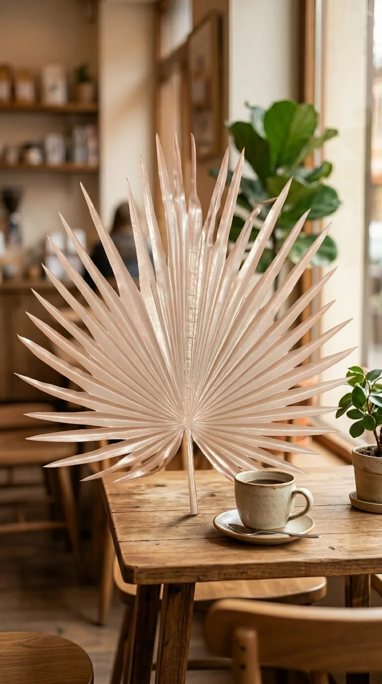 Веерный лист «sun-fan palm» — champagne gold, перламутровый, champagne gold — молочно-кремовый с перламутровым отливом, 50 см — в интерьере кафе