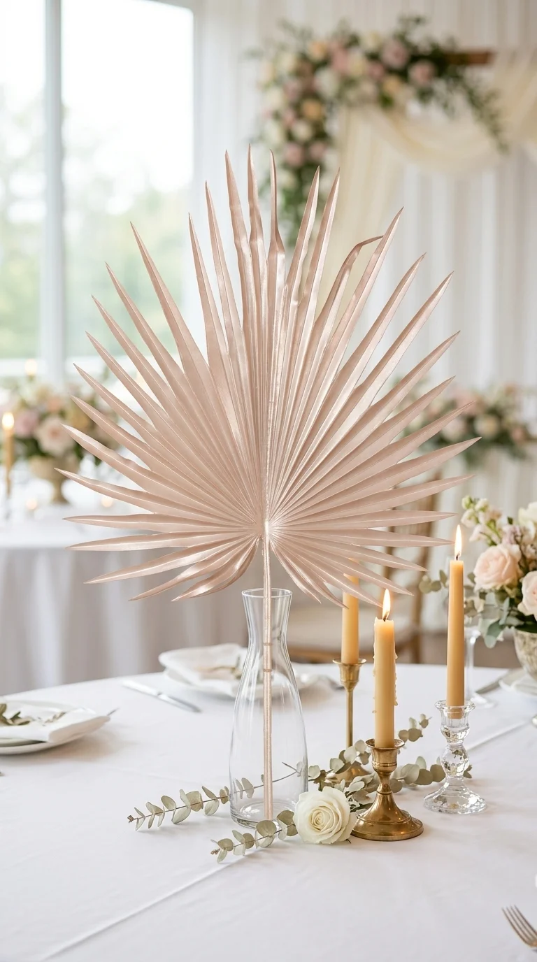 Веерный лист «sun-fan palm» — champagne gold, перламутровый, champagne gold — молочно-кремовый с перламутровым отливом, 50 см — в свадебной декорации