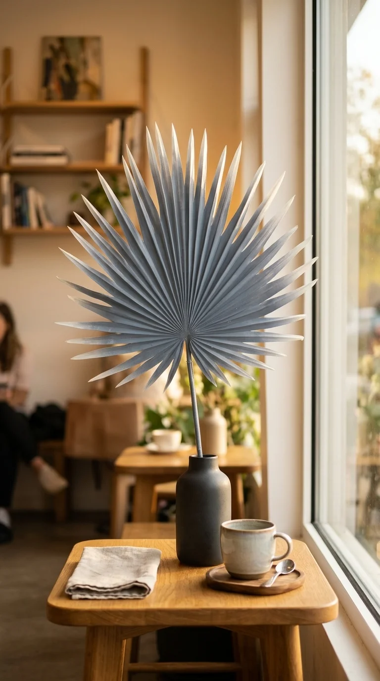 Веерный лист «sun-fan palm» — штормовой синий denim, штормовой синий denim с серебристым перламутровым отливом, 50 см — в интерьере кафе