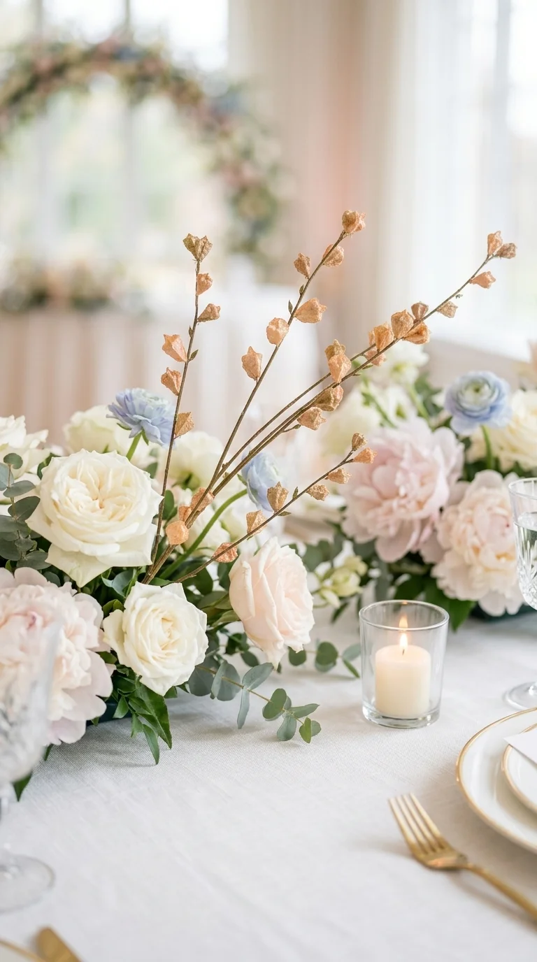 Эвкалипт искусственный с плодами в светло-коричневой гамме, 86 см, светло-коричневый, бежевый, 86 см — в свадебной декорации