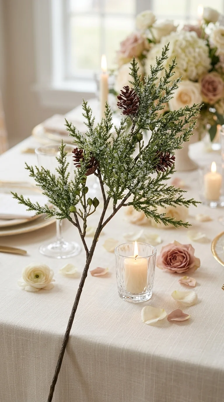 Кипарисовая ветка с шишками и инеем искусственная — новогодний декор, 51 см, зелёный с белым инеем, 51 см — в свадебной декорации